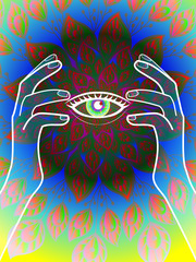 Obraz premium bright illustration with the image of hands on the background of floral ornament with all-seeing eye, magic plot