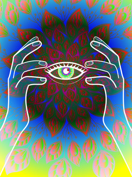 bright illustration with the image of hands on the background of floral ornament with all-seeing eye, magic plot