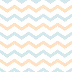 Tapeten Nahtloses Muster des Babyhintergrundes klassisches Chevron-Zickzack. Memphis-Gruppenstil Pastellblau-Gelb-Farbenvektor © Tani Kuzminka