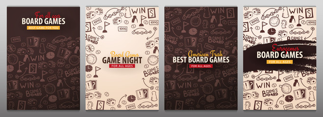 Set of Board Games banners. For all Ages. Hand draw doodle background. Vector illustration.