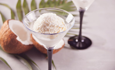 Obraz na płótnie Canvas Coconut ice cream on the gray background with palm leaf and coconut
