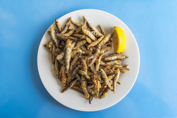 Fried sprat with lemon in white plate on blue table