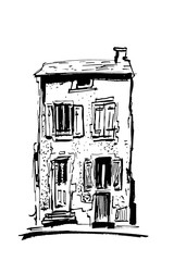 Ink sketch of buildings. Hand drawn illustration of Houses in the European Old town. Travel artwork. Black line drawing isolated on white background.