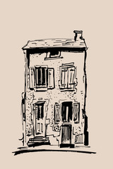 Ink sketch of buildings. Hand drawn illustration of Houses in the European Old town. Travel artwork. Black line drawing isolated on beige background.
