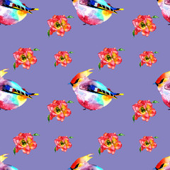 Seamless pattern birds. Hand drawn watercolor illustration. Waxwing and flower rose eustoma on purple background