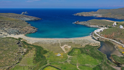 Aerial drone photo of famous beach of Kolympithres with deep turquoise sea, Tinos island, Cyclades, Greece