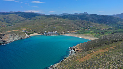 Fototapeta na wymiar Aerial drone photo of famous beach of Kolympithres with deep turquoise sea, Tinos island, Cyclades, Greece