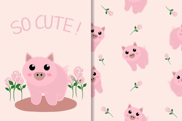 Obraz na płótnie Canvas Cute Animal Hand Drawn Pattern Set pig