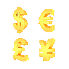 Currency symbols isolated on white. 3D redering.