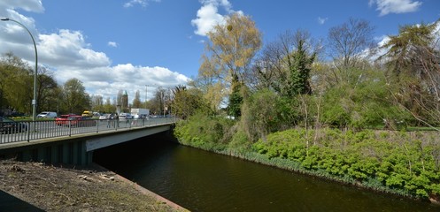 Mill trench (Mühlengraben) at the Kolk, oldest settlement area in Berlin Spandau (since March 7, 1232 city rights) on April 6, 2017, Germany