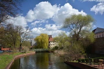 Mill trench (Mühlengraben) at the Kolk, oldest settlement area in Berlin Spandau (since March 7, 1232 city rights) on April 6, 2017, Germany