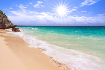 Fototapeta na wymiar Beautiful Tulum beach at Caribbean sea, Mexico