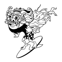 A Man Wearing Barong Bali Mask with sarong traditional clothes from Indonesia and Surfing the Beach Coloring Book Cartoon Vector