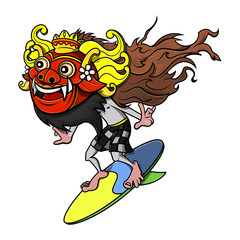 A Man Wearing Barong Bali Mask with sarong traditional clothes from Indonesia and Surfing the Beach Cartoon Vector