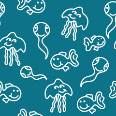 Vector seamless pattern with jellyfish and fish. Baby print.