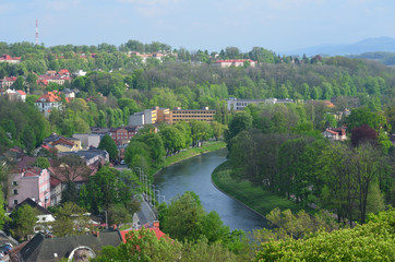 Fototapeta na wymiar Cieszyn i Olza z lotu ptaka/Aerial view of Cieszyn town and Olza river, Silesia, Poland 