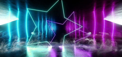 Smoke Stars Futuristic Neon Sci Fi Background Glowing Lasers Blue Purple Vibrant Virtual On Reflective Grunge Concrete Hall Underground Tunnel Corridor Shapes Shine Fluorescent 3D Rendering