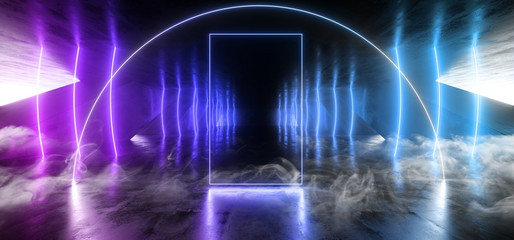 Smoke Arc Futuristic Neon Sci Fi Background Glowing Lasers Blue Purple Vibrant Virtual On Reflective Grunge Concrete Hall Underground Tunnel Corridor Shapes Shine Fluorescent 3D Rendering