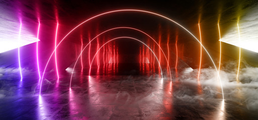 Smoke Arc Circle Futuristic Neon Sci Fi Background Glowing Lasers Blue Red Orange Purple Vibrant Virtual On Reflective Grunge Concrete Hall Underground Tunnel Corridor Shapes Fluorescent 3D Rendering