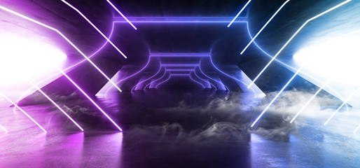 Smoke Triangle Futuristic Neon Sci Fi Background Glowing Lasers Blue Purple Vibrant Virtual On Reflective Grunge Concrete Hall Underground Tunnel Corridor Shapes Shine Fluorescent 3D Rendering