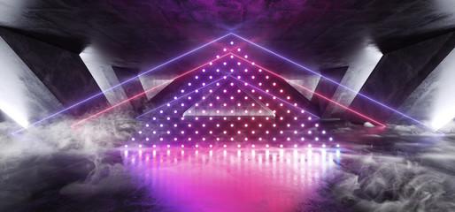Smoke Triangle Futuristic Neon Sci Fi Background Glowing Lasers Blue Purple Red Vibrant Virtual On Reflective Grunge Concrete Hall Underground Tunnel Corridor Shapes Shine Fluorescent 3D Rendering