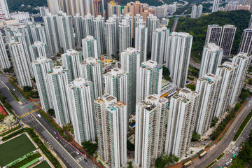Fototapeta na wymiar Drone fly over city in Hong Kong