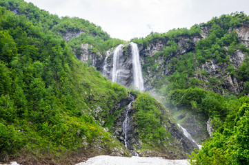 View of the waterfall in Caucasian mountains