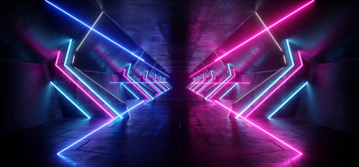 Futuristic Sci Fi Modern Spaceship Neon Glowing Purple Blue Stage Tunnel Corridor Underground Concrete Grunge Reflections Fluorescent 3D Rendering