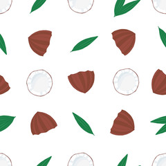 Cutted coconut with palm leaves on white background. Seamless pattern. Hand drawn colorful vector texture.