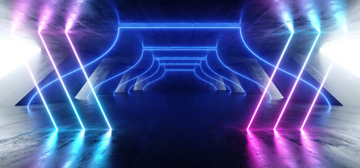 Triangle Futuristic Neon Sci Fi Background Glowing Lasers Blue Purple Vibrant Virtual On Reflective Grunge Concrete Hall Underground Tunnel Corridor Shapes Shine Fluorescent 3D Rendering