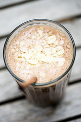 Chocolate smoothie with almonds. Peanut butter, cocoa, banana, milk, yoghurt & honey smoothie