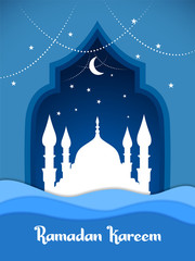 Fototapeta na wymiar illustration of Ramadan Kareem Generous Ramadan greetings in Arabic freehand with mosque for Islam religious festival Eid