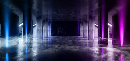 Smoke Sci Fi Neon Modern Futuristic VIbrant Glow Purple Blue Laser Show Stage Track Path Entrance Gate Underground Garage Hall Tunnel Corridor Glossy Dark Club Spaceship 3D Rendering