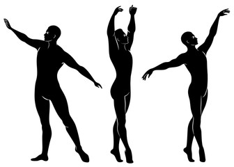 Collection. Silhouette of a slim guy, male ballet dancer. The artist has a beautiful slim figure, strong body. The man is dancing. Vector illustration set