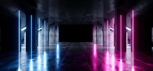 Sci Fi Neon Modern Futuristic VIbrant Glow Purple Blue Laser Show Stage Track Path Entrance Gate Underground Garage Hall Tunnel Corridor Glossy Dark Club Spaceship 3D Rendering