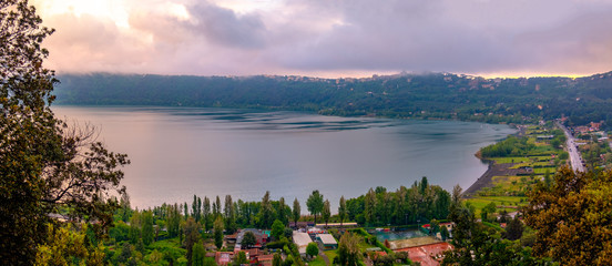 panoramic view of Albano Lake or Lago di Abano in the Roman Castle or Castelli Romani area near...
