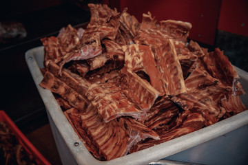 Production of meat products in the supermarket in the supermarket. Next, distribution of finished products to the store's shop for customers. Sausage, meatloaf, pate ...