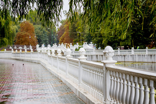 Embankment with a fence in the city park in Khmelnitsky, Ukraine_