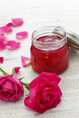 homemade rose petal jam in glass jar