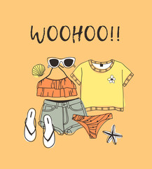 Hand drawn summer quote and bikini illustration. Actual tropical vector background. Artistic doddle drawing. Creative ink art work