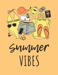 Hand drawn summer quote and illustration. Actual tropical vector background. Artistic doddle drawing. Creative ink art work and text SUMMER VIBES