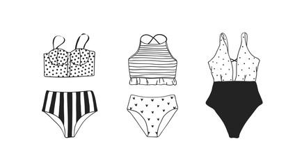 Hand drawn summer bikini illustration. Actual tropical vector background. Artistic doodle drawing pattern. Creative ink art work