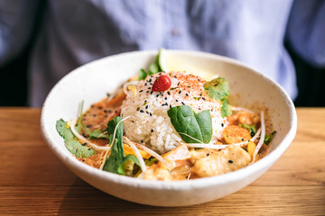 Asian food bowl with rice and shrimps