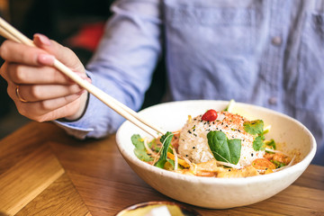 Asian food bowl with rice and shrimps