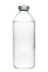 glass bottle sealed with medical fluid in a sterile container isolated on a white background.