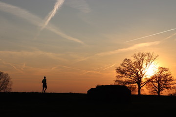 Runner silhouette at sunset background