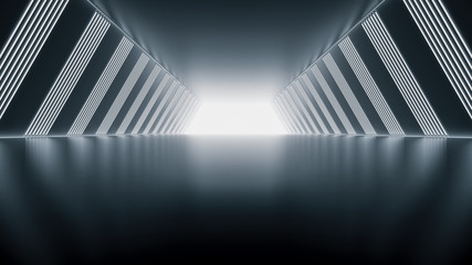 Futuristic tunnel with light, interior view. Future background, business, sci-fi or science concept. 3d illustration