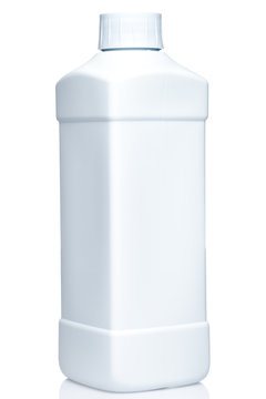A plastic bottle is side view, a mock up square shaped container with a cap isolated on a white background.