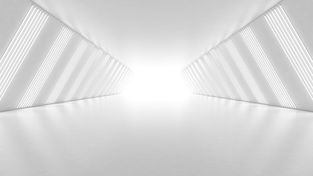 Illuminated corridor interior design. 3D rendering. © Chanchai