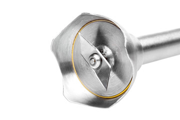 blender blades cutting closeup, immersion nozzle for the preparation of crushed meal, side view.